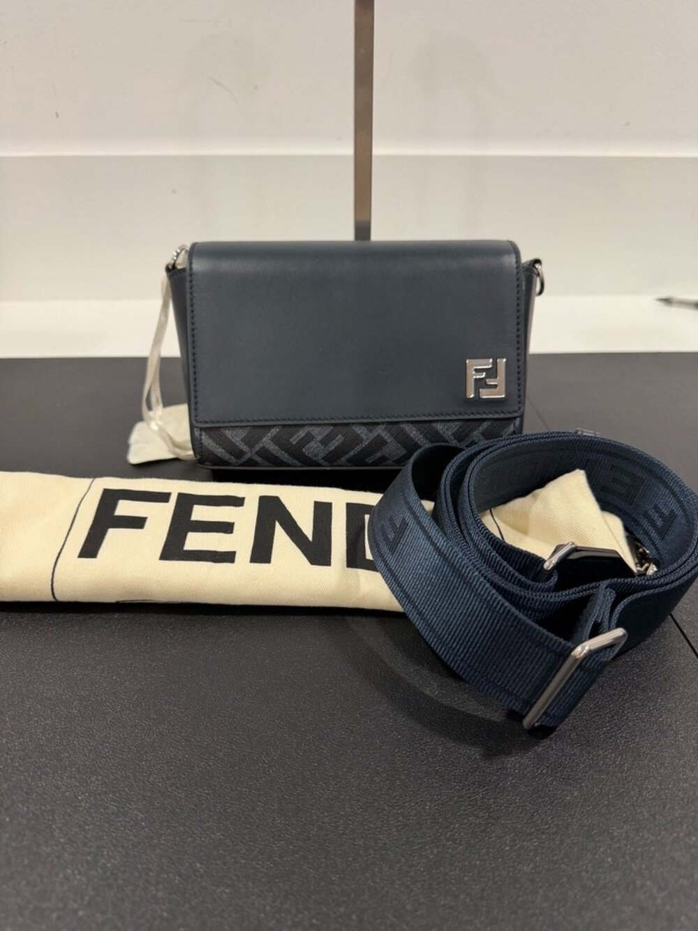 Fendi FF Logo Black Leather & Zucca Canvas Crossbody Bag (JB1590)